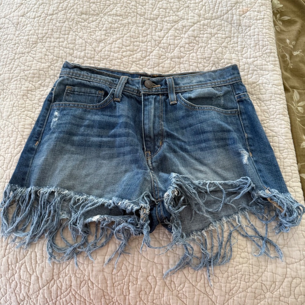 Flying Monkey Platinum Denim Shorts 24 Distressed Fringe Raw Hem Y2K Blue Y1311